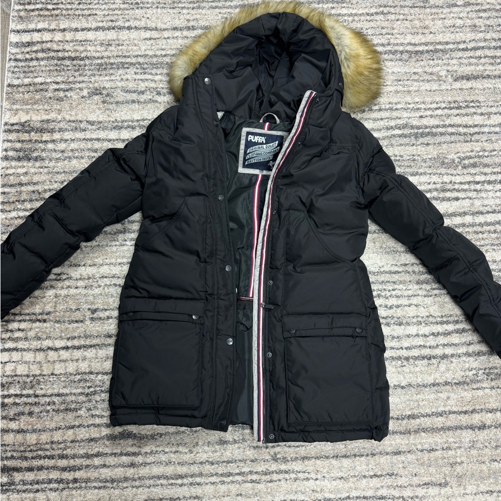 Puffer Jacket with Faux Fur Hood - Black